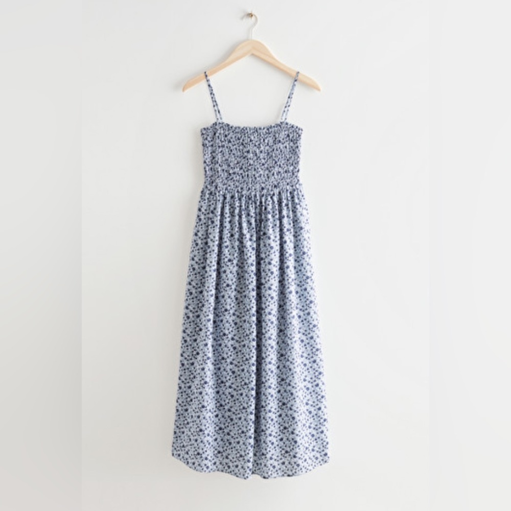 & OTHER STORIES Smocked Midi Floral Blue Micro Print Dress, Sz US6